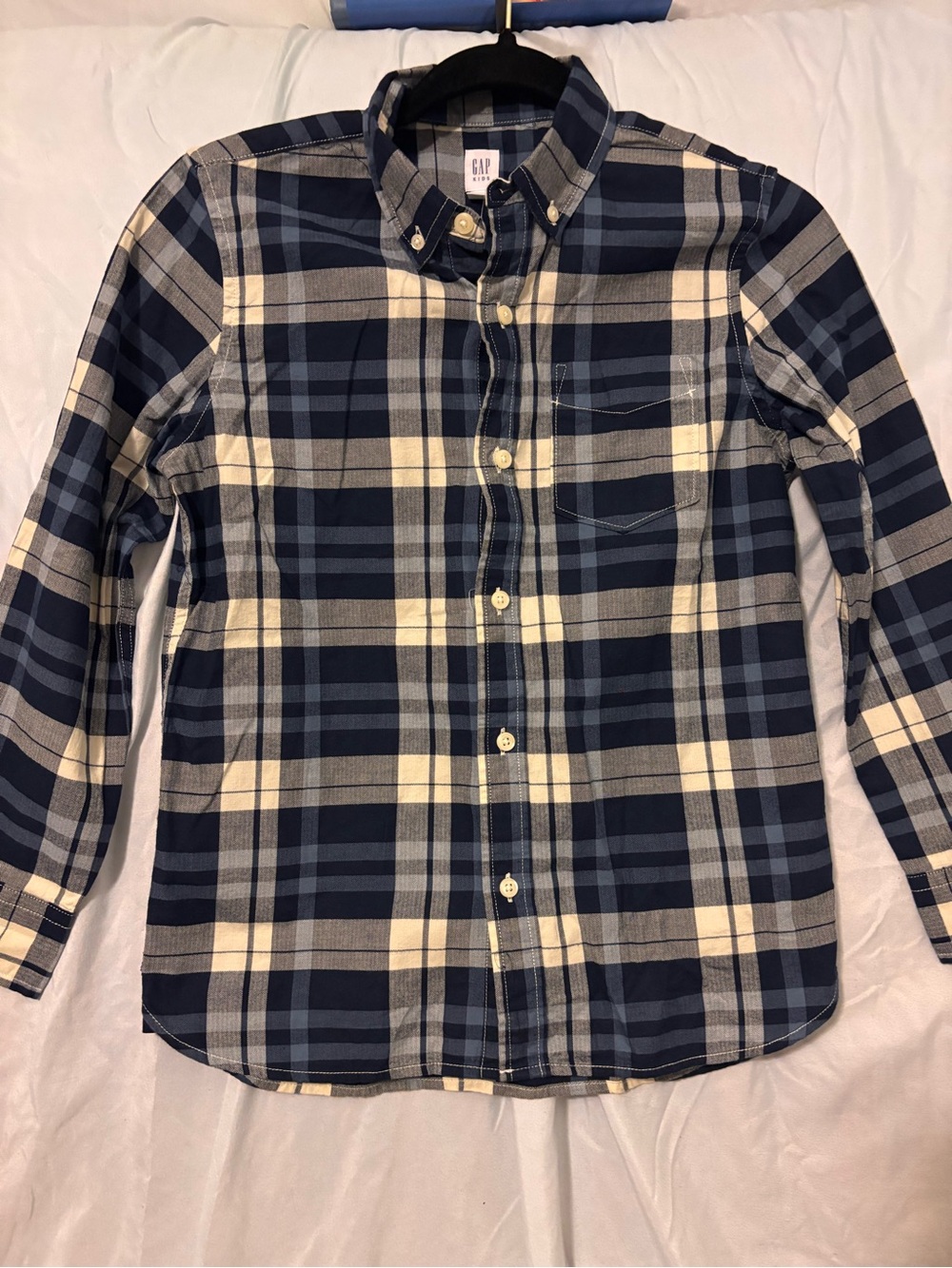 GAP Boys Navy Blue and Cream Plaid Button-Down Shirt